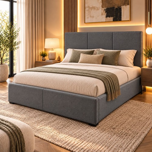 4ft6 double bed grey - bed, ottoman