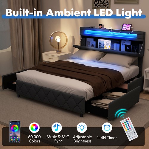 Double size bed frame with - bed, led